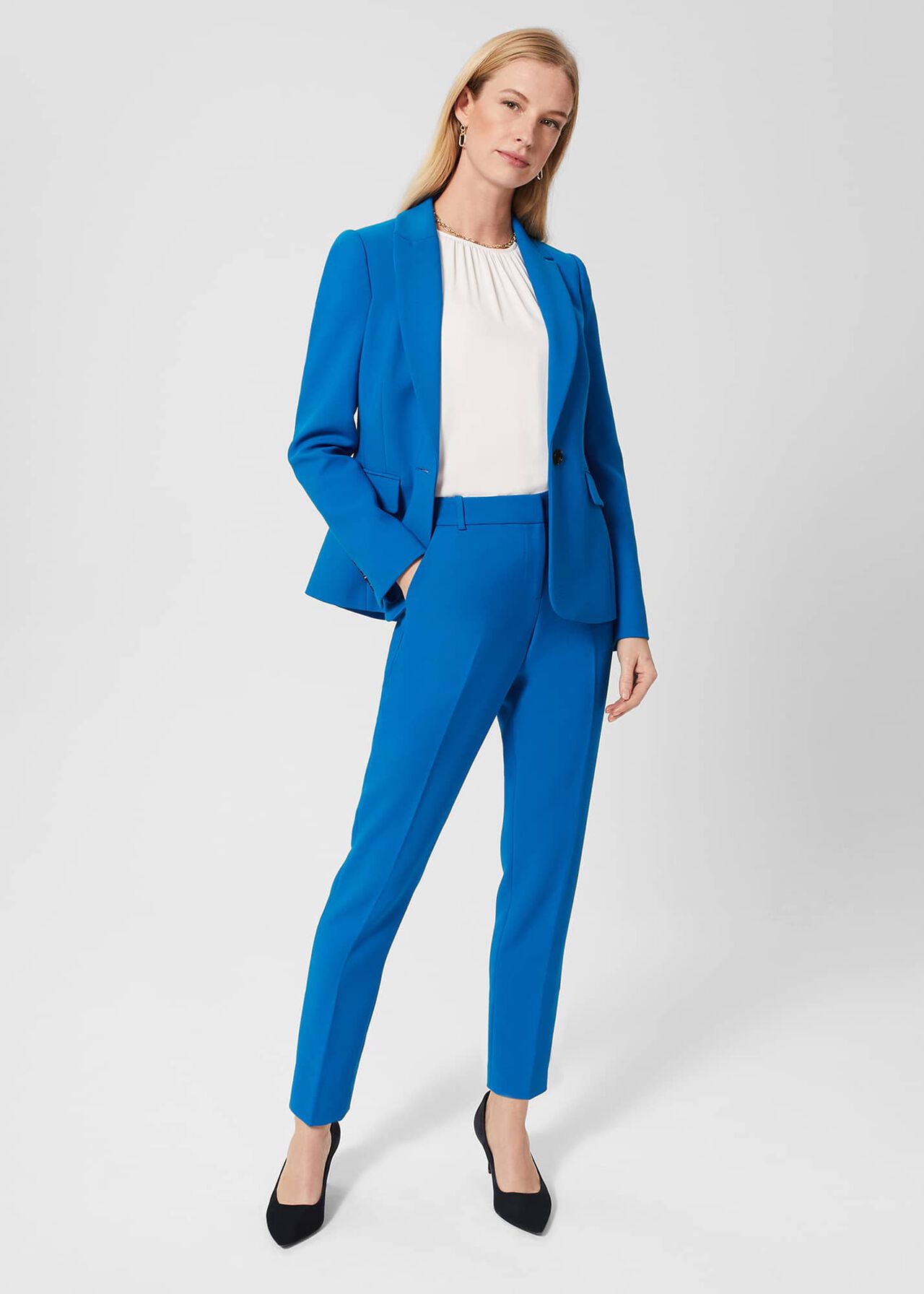 Blue suit with light blue blouse.  Work outfits women, Ladies trouser suits,  Suits for women