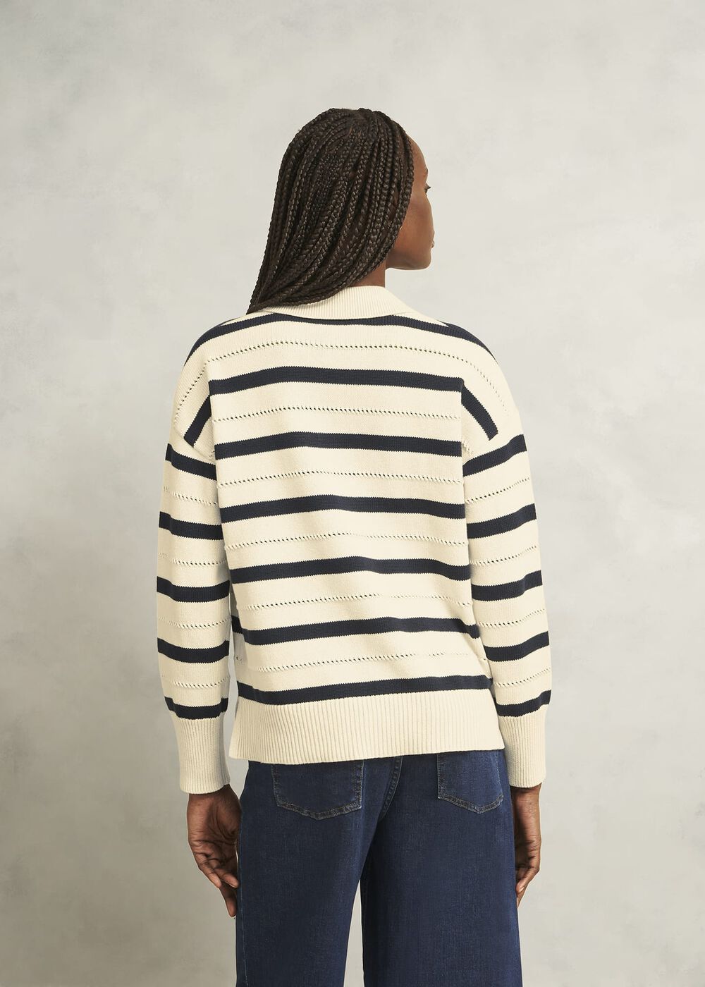 Ivory Beauford Cotton Stripe Polo Knitted Sweater, Cream Navy, hi-res