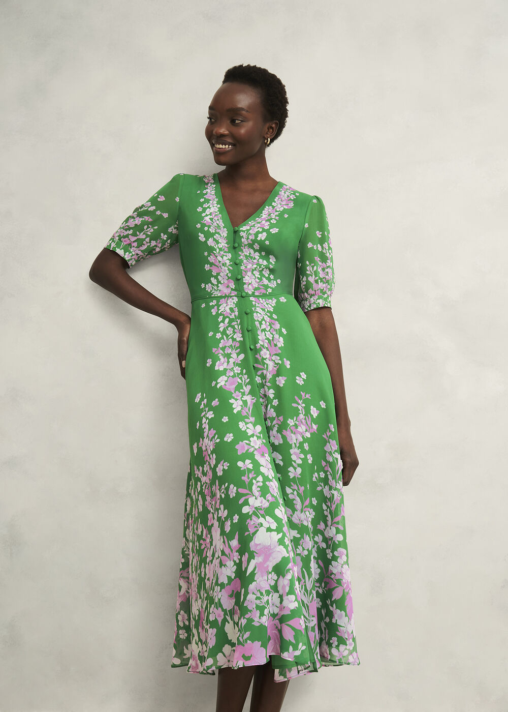 Petite Ana Silk Floral Dress, Green Pink, hi-res