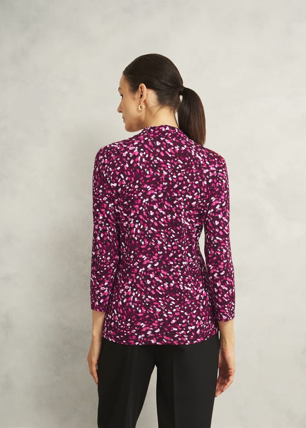 Burgundy Aimee Printed V Neck 3/4 Sleeve Top, Beryl Red, hi-res