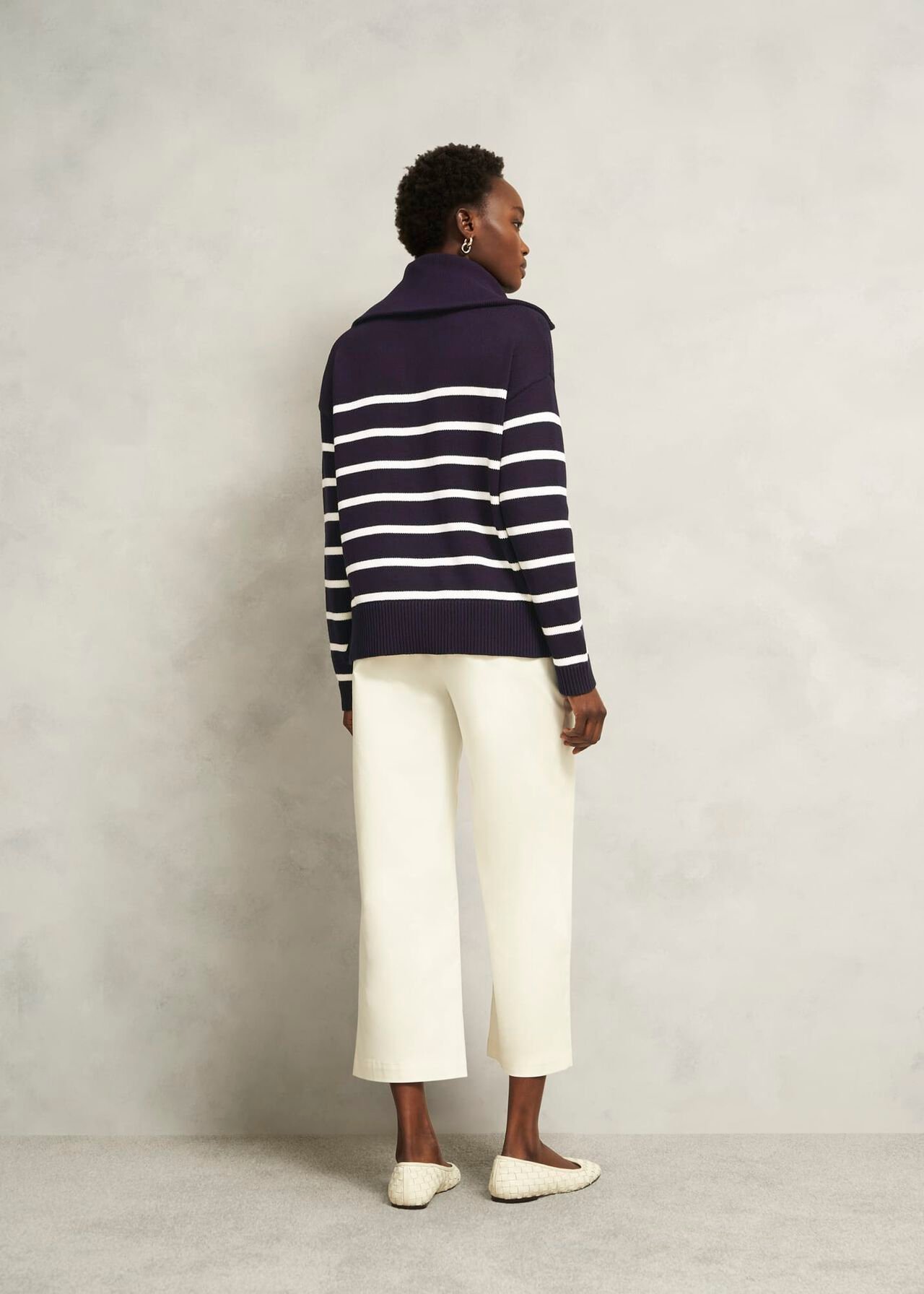 Amy Stripe Cotton Sweater, Warm Ivory Navy, hi-res
