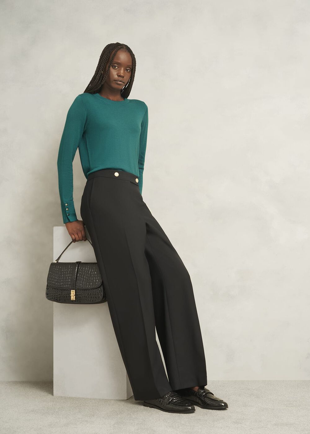 Dark Green Penny Merino Wool Crew Neck Knitted Sweater, Deep Lake Green, hi-res