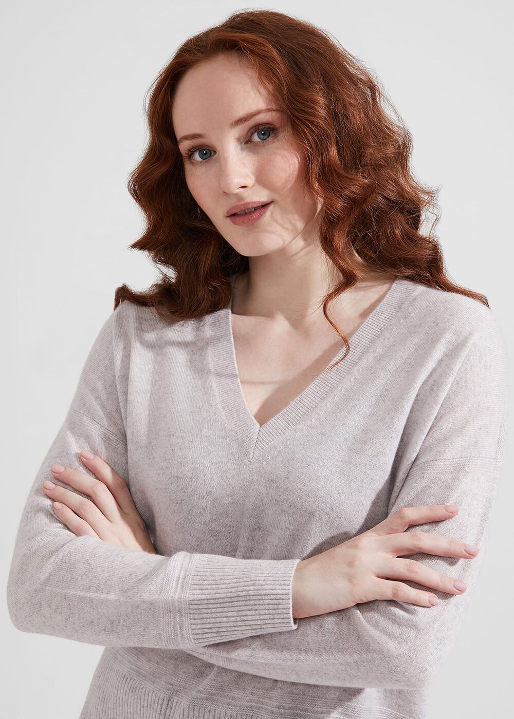Jessa V Neck Cashmere Sweater, Pale Grey Marl, hi-res