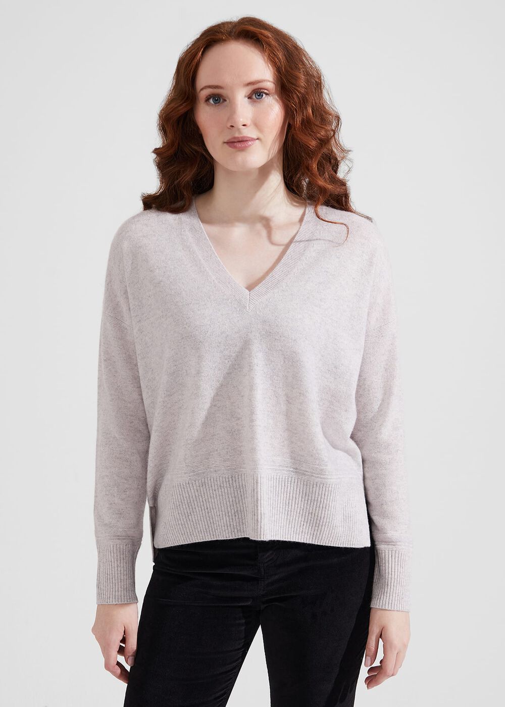 Jessa V Neck Cashmere Sweater, Pale Grey Marl, hi-res