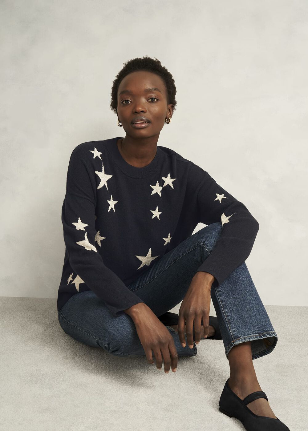 Arnelle Wool Blend Star Print Knitted Sweater, Navy Silver, hi-res
