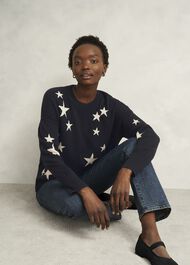 Arnelle Wool Blend Star Print Knitted Sweater, Navy Silver, hi-res