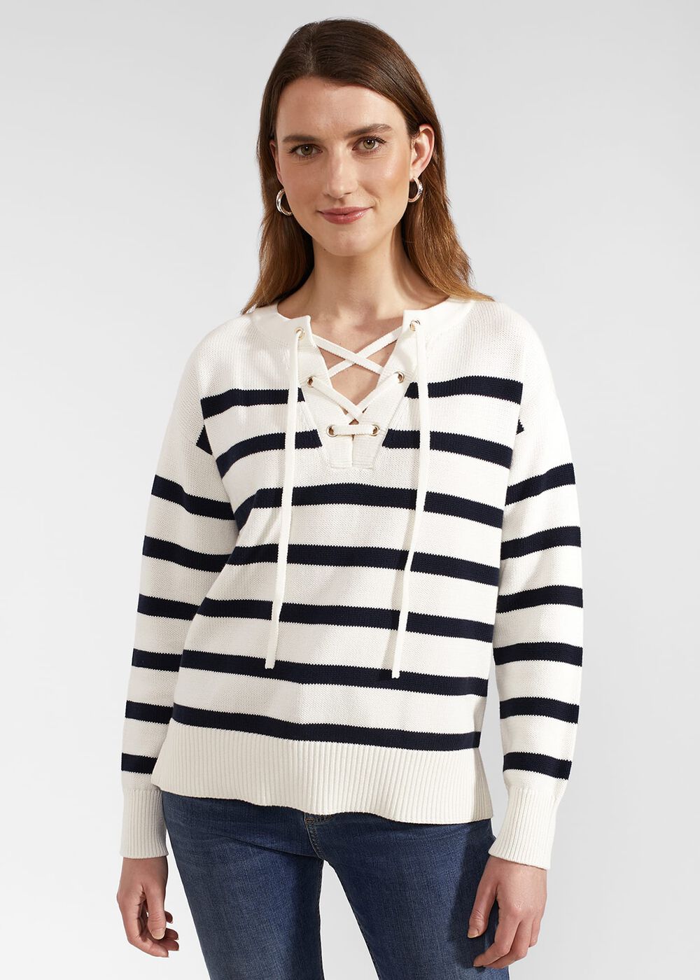 Danica Cotton Sweater, Ivory Navy, hi-res