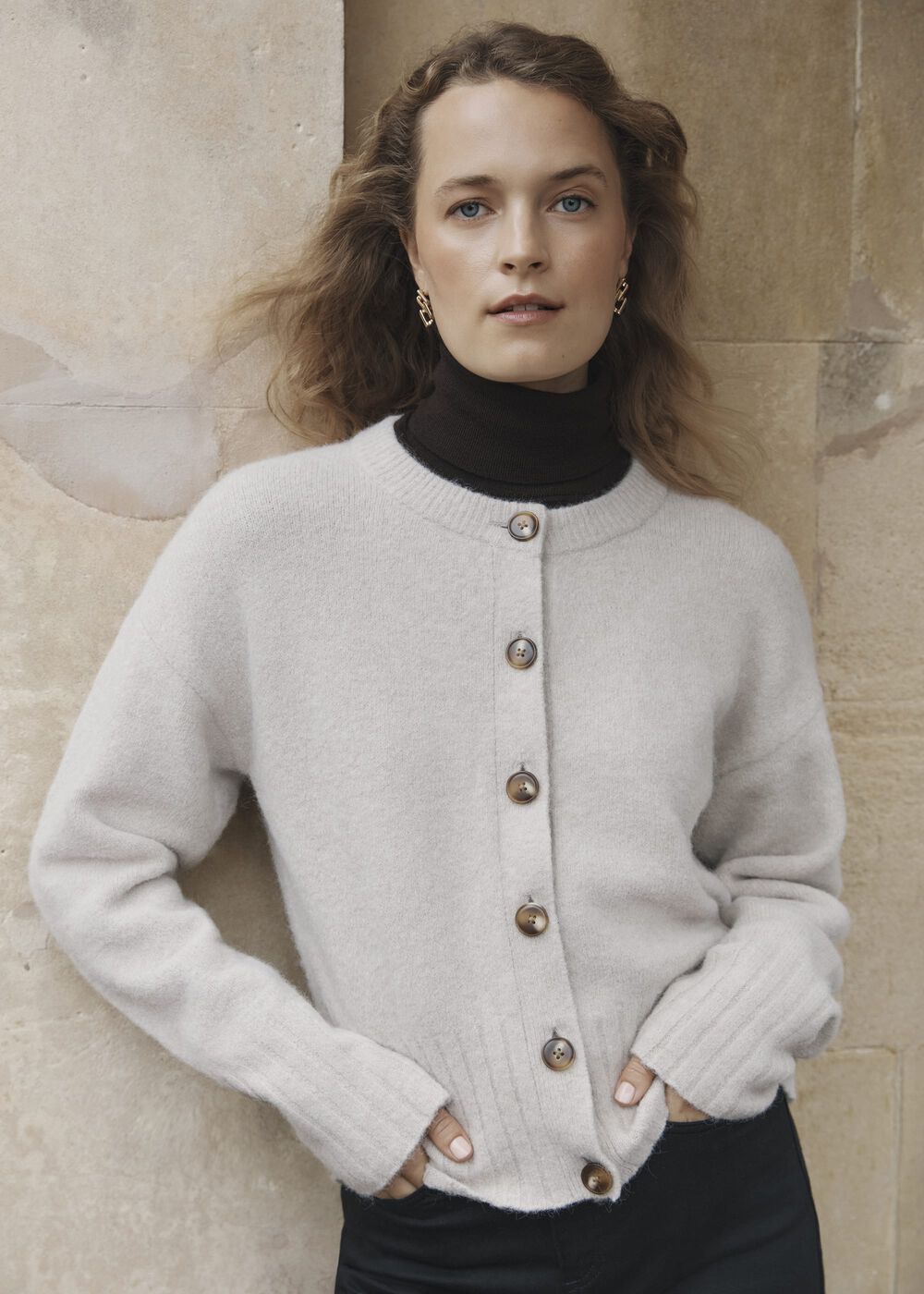 Oatmeal Freya Crew Neck Button Knitted Cardigan, Oatmeal Marl, hi-res
