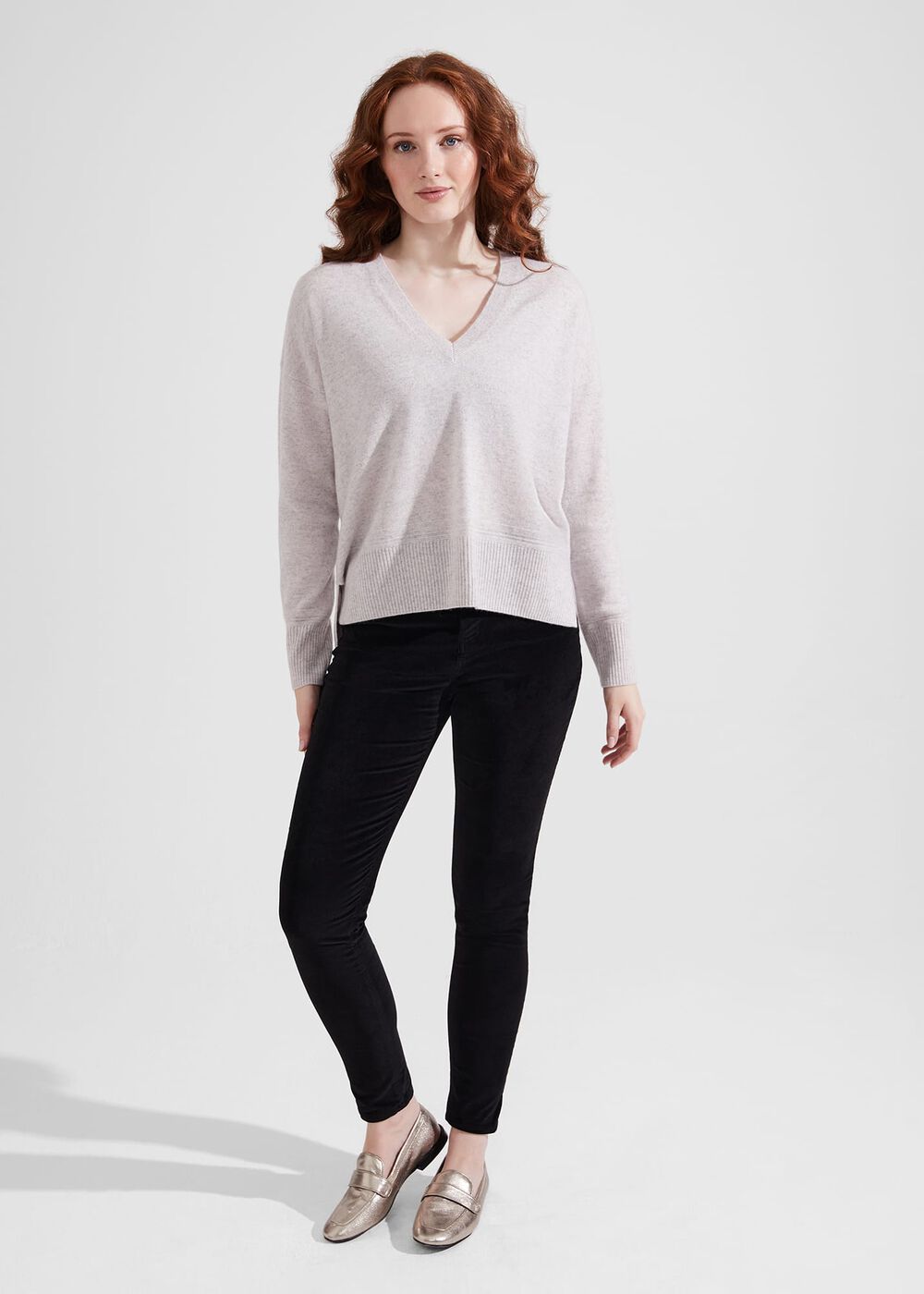 Jessa V Neck Cashmere Sweater, Pale Grey Marl, hi-res