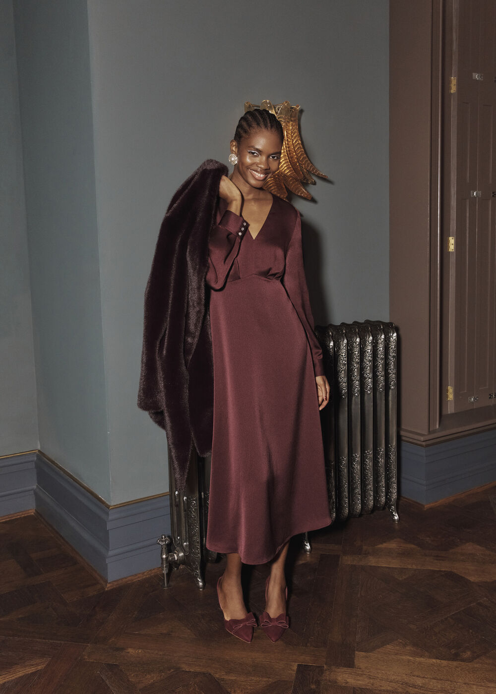 Anais Textured Satin Dress, Onyx Red, hi-res