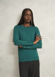 Dark Green Penny Merino Wool Crew Neck Knitted Sweater, Deep Lake Green, hi-res