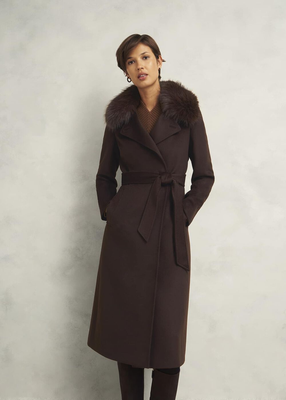 Livia Wool Coat With Faux Fur, Alder Brown, hi-res