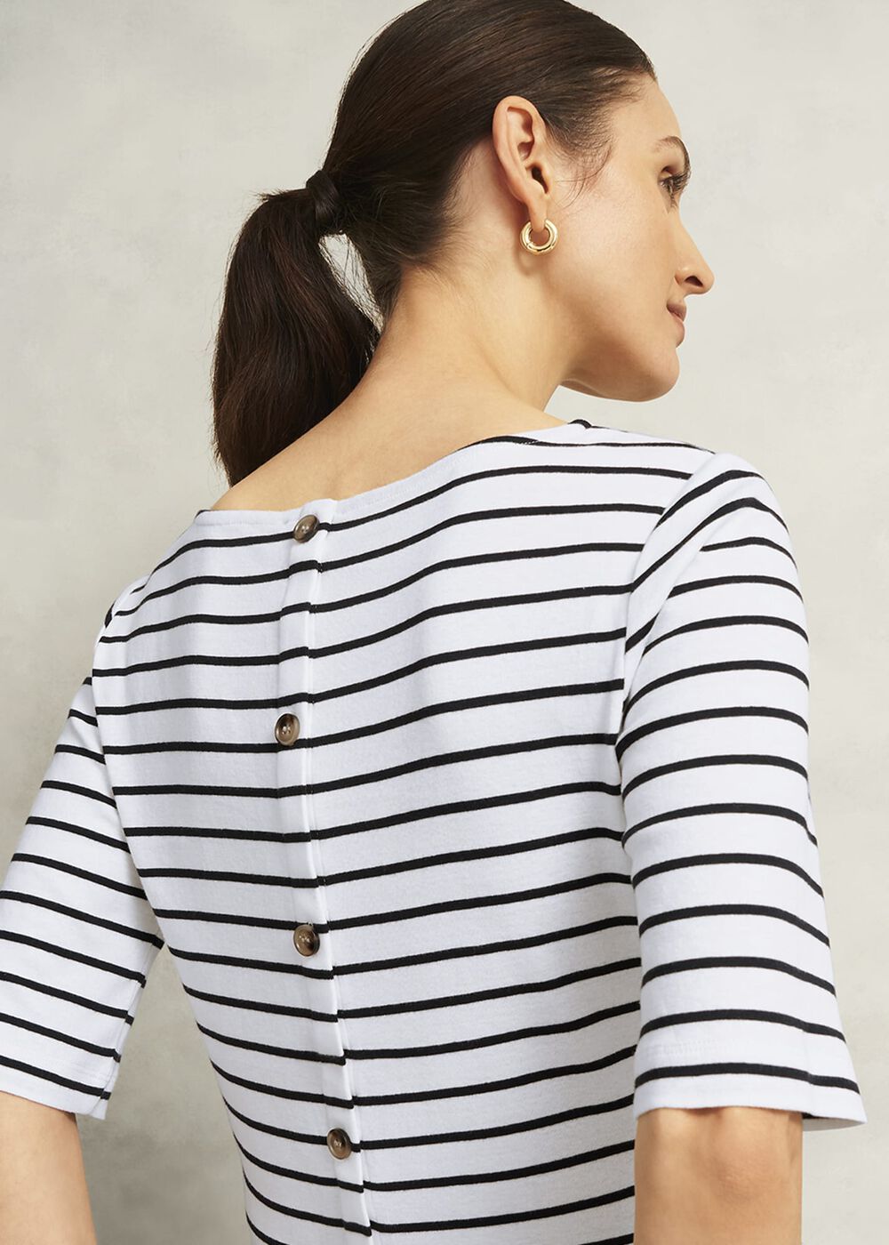 Ivory Katie Cotton Stripe Button Back Top, White Navy, hi-res
