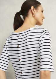 Ivory Katie Cotton Stripe Button Back Top, White Navy, hi-res