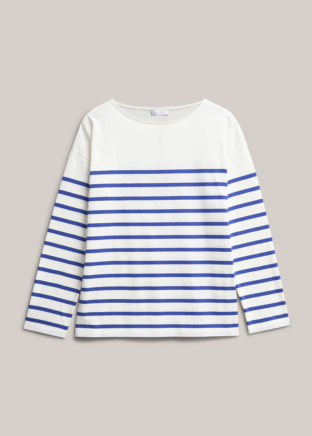 Sian Striped Long Sleeve Cotton Top, Ivory Blue, hi-res