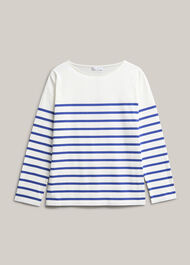 Sian Striped Long Sleeve Cotton Top, Ivory Blue, hi-res