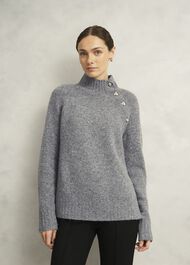 Lisbeth Roll Neck Button Detail Knitted Jumper, Mid Grey Marl, hi-res