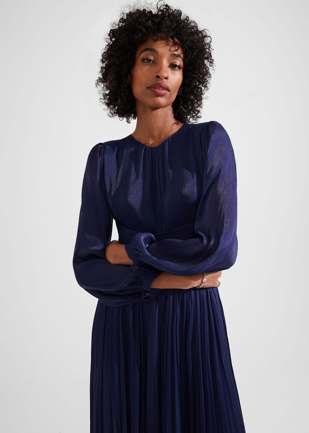 Elina Metallic Pleated Dress, Midnight Navy, hi-res