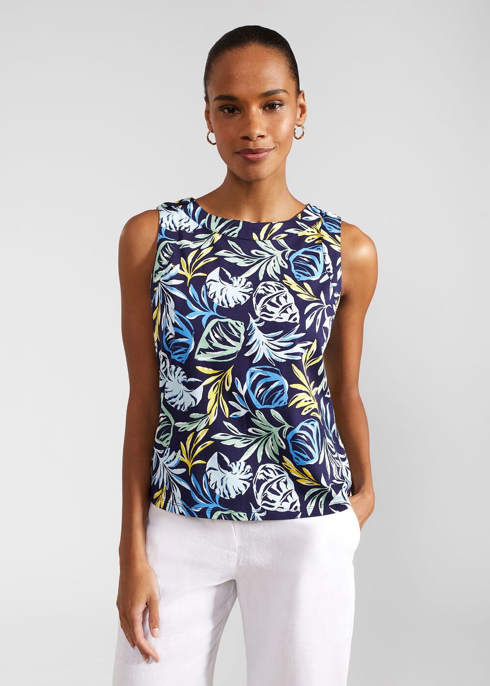 Maddy Cotton Printed Top, Navy Yellow, hi-res
