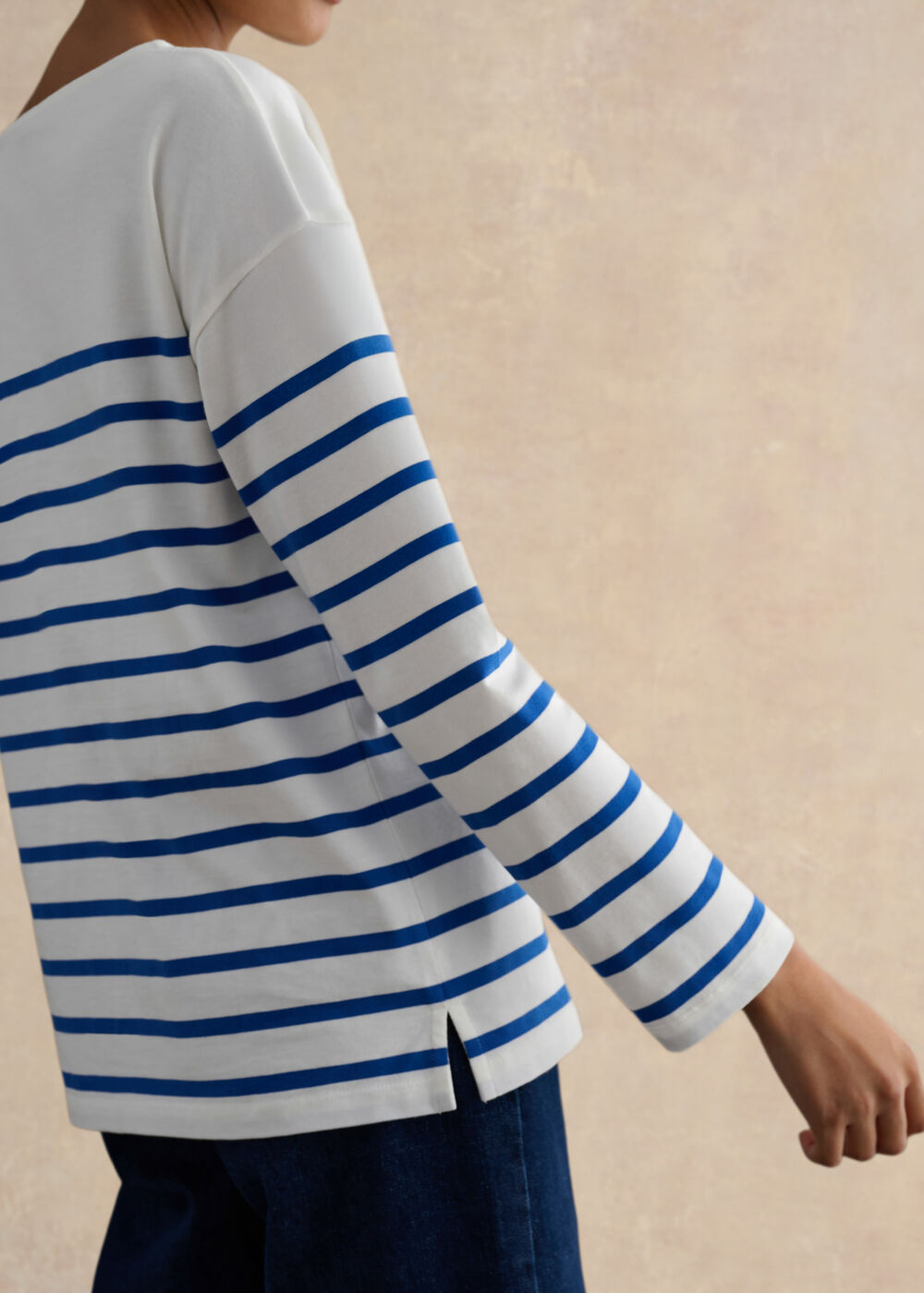 Sian Striped Long Sleeve Cotton Top, Ivory Blue, hi-res