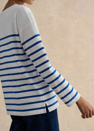 Sian Striped Long Sleeve Cotton Top, Ivory Blue, hi-res
