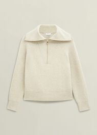 Sandy Zip Roll Neck Knitted Jumper, Oatmeal Marl, hi-res