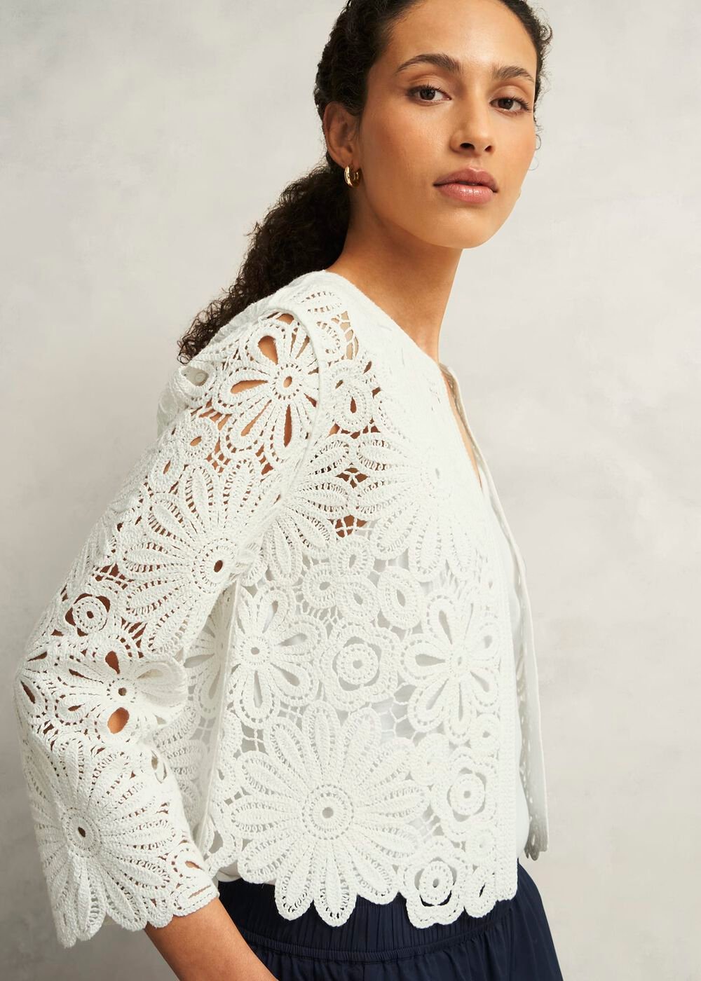 Ivory Syon Floral Cotton Crochet Knitted Jacket, Ivory, hi-res