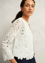 Ivory Syon Floral Cotton Crochet Knitted Jacket, Ivory, hi-res