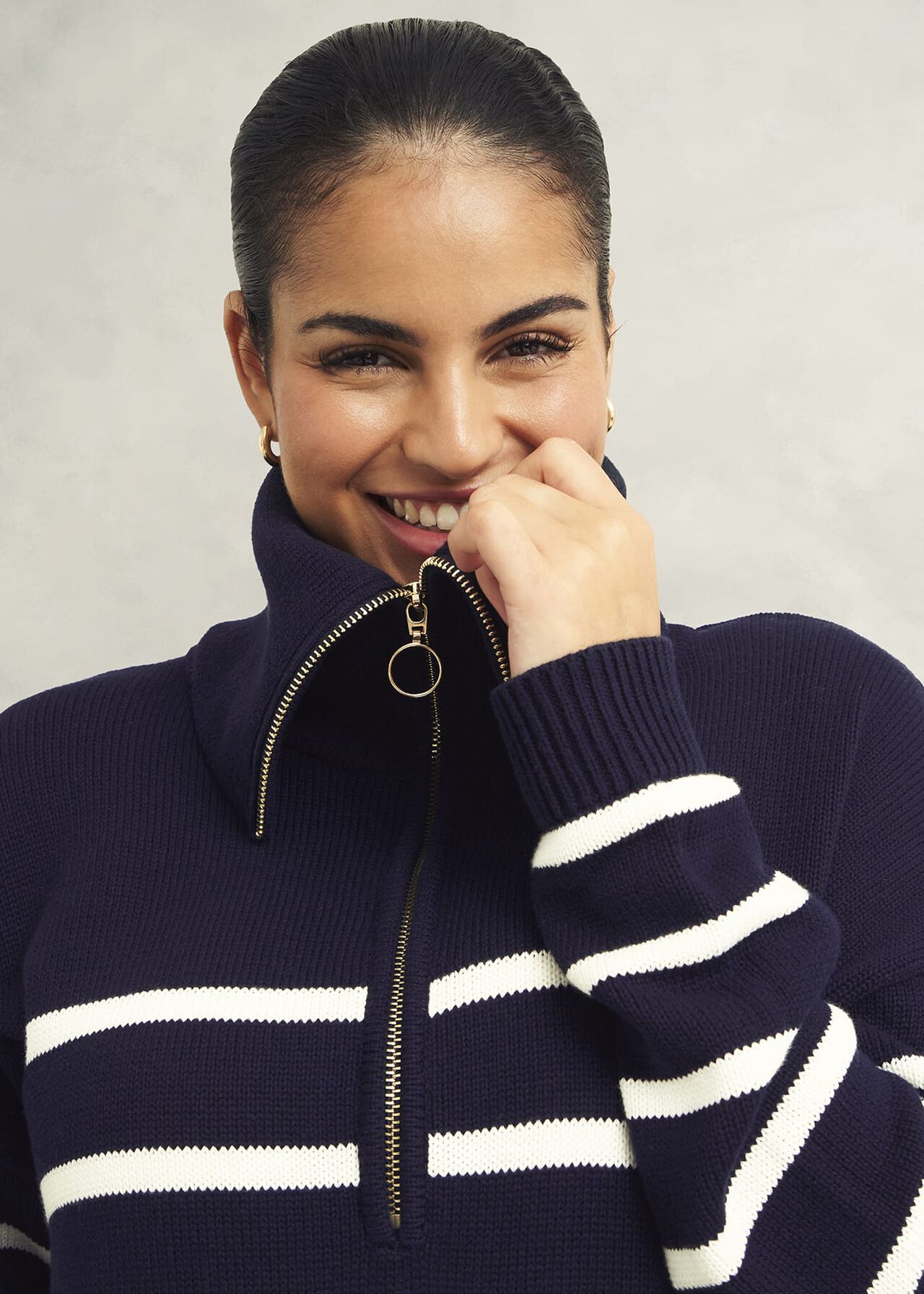 Amy Stripe Cotton Sweater, Warm Ivory Navy, hi-res