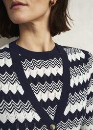Navy Osterley Chevron Stripe V Neck Knitted Cardigan, Navy Ivory, hi-res