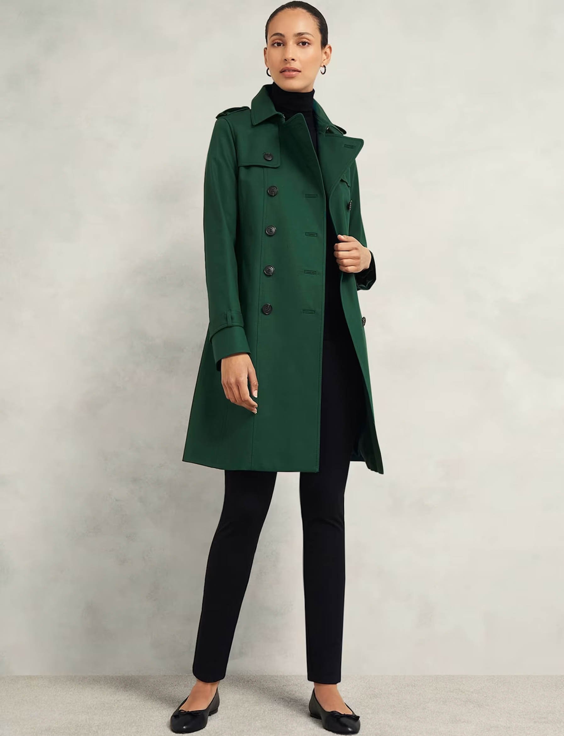 Hobbs Green trench coat with black jeans