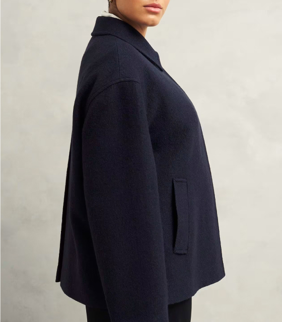 A gallery of four images including one image of a model wearing a navy coat, and three smaller images displaying details of the coat.