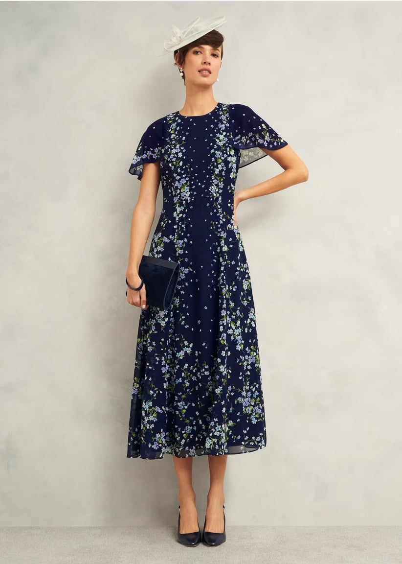 A gallery of four images of models wearing occasion floral midi dresses and coordinating accessories.