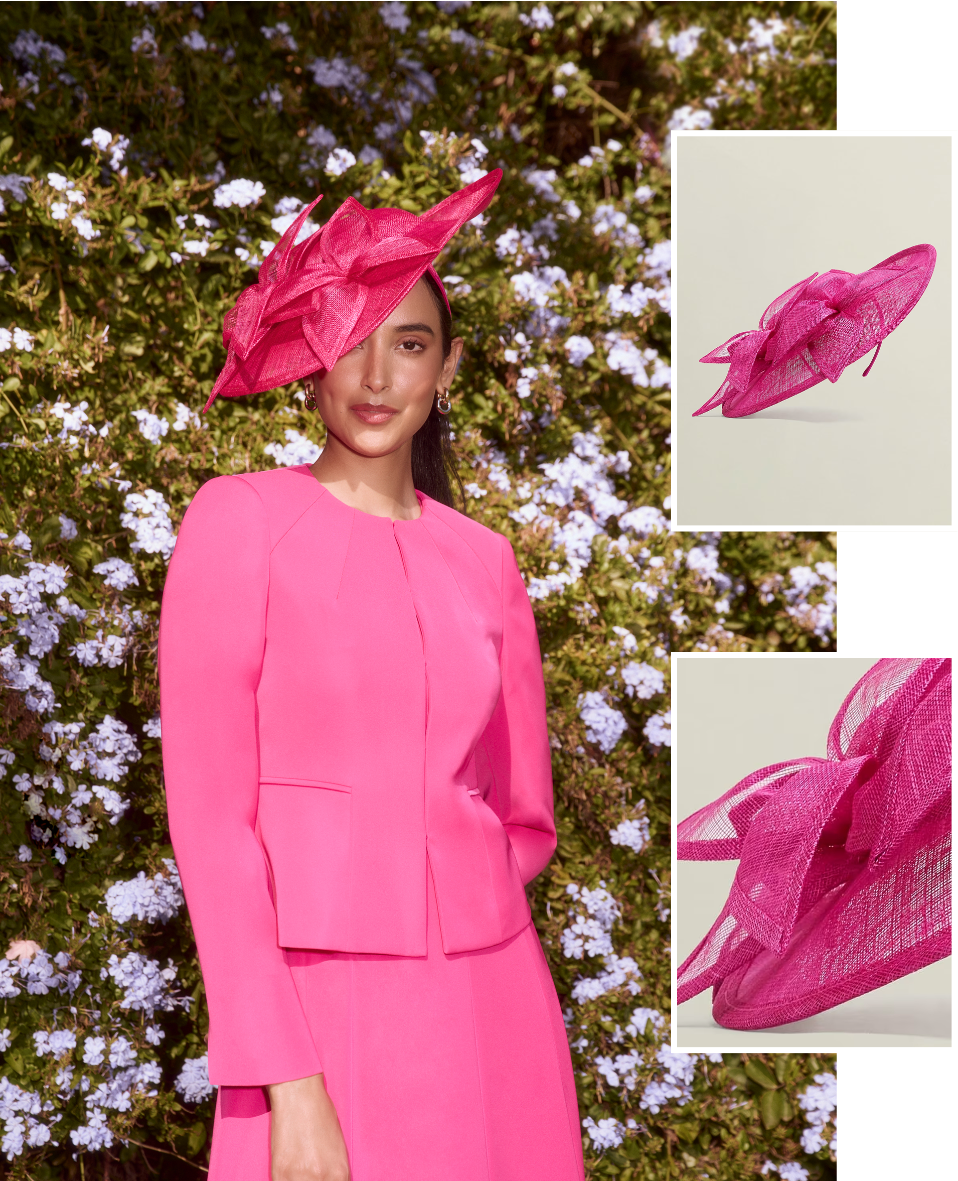 A collage of three images showcasing a Hobbs pink floral fascinator.