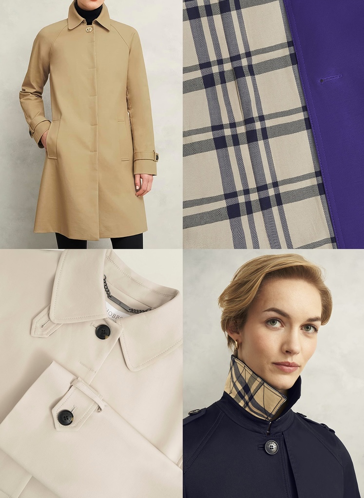 A woman wearing a Hobbs trench coat, and four close-up details.