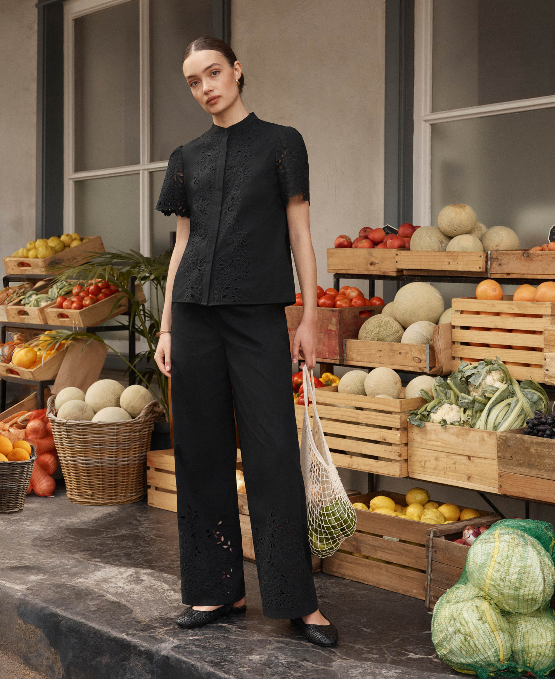 A woman wearing Hobbs cotton co-ords.