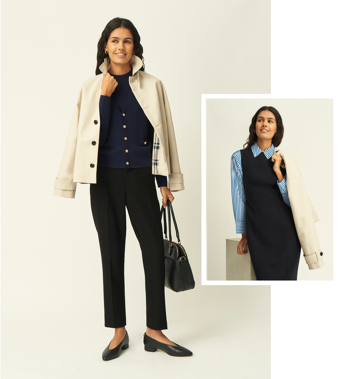 A girl wearing two different smart sixth form outfits.