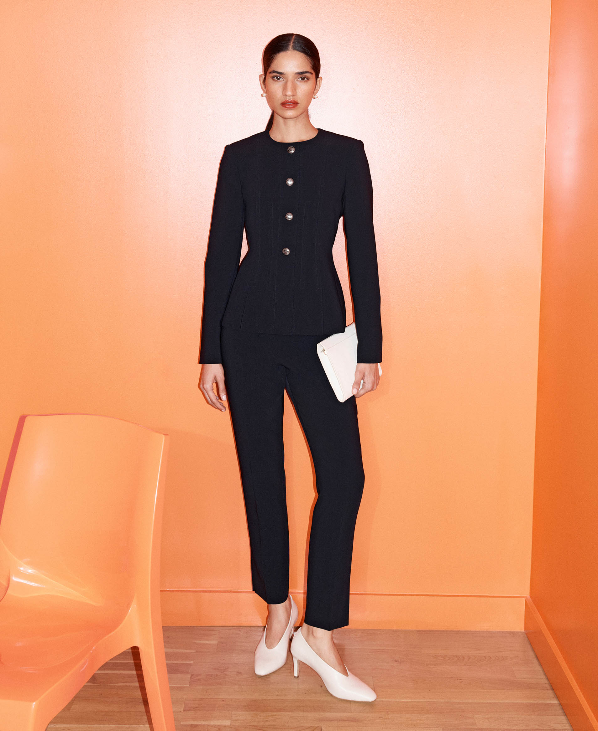 Model photographed in a blazer.