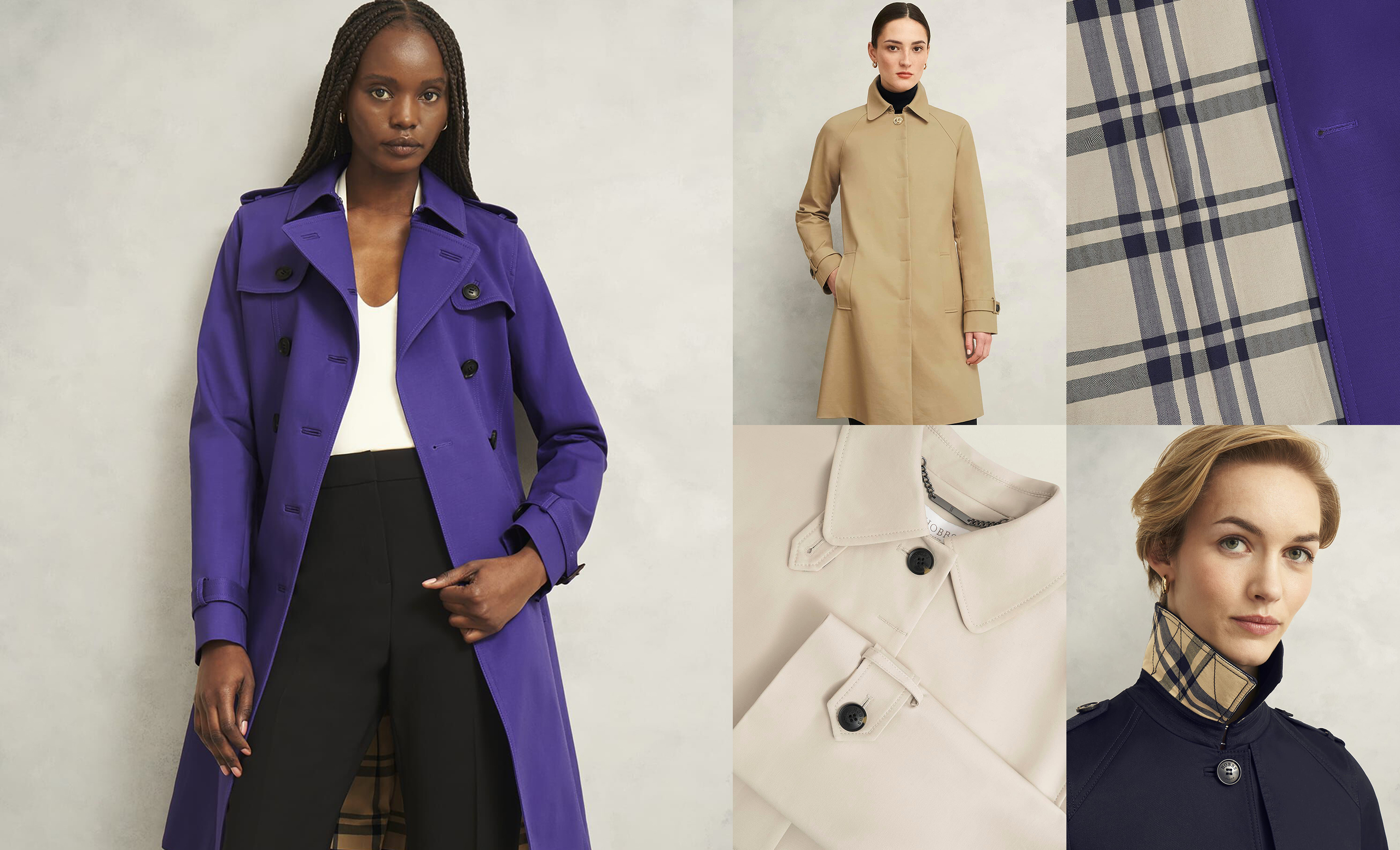 A woman wearing a Hobbs trench coat, and four close-up details.
