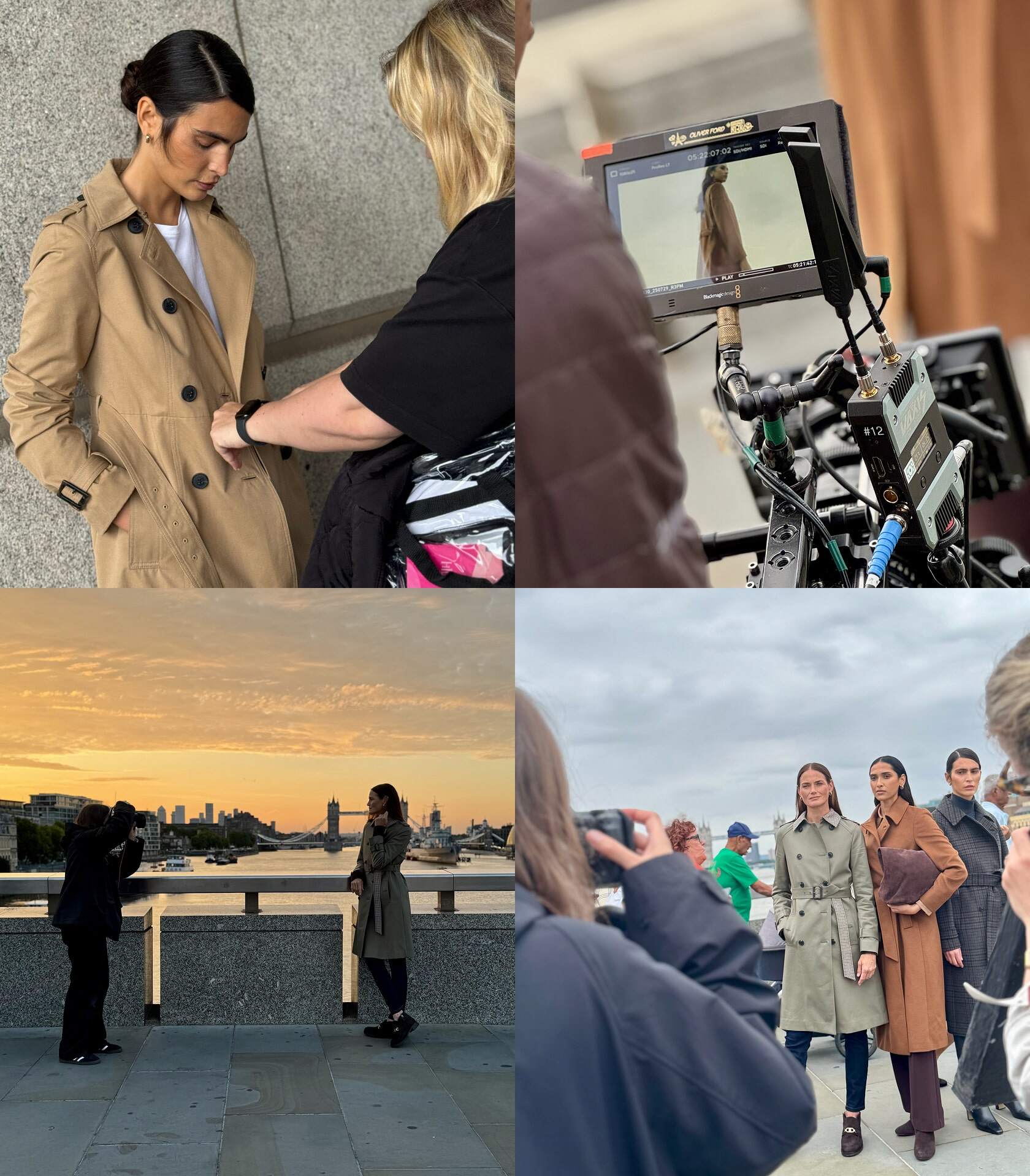 A collage of photos showing behind the scenes of the coat campaign.