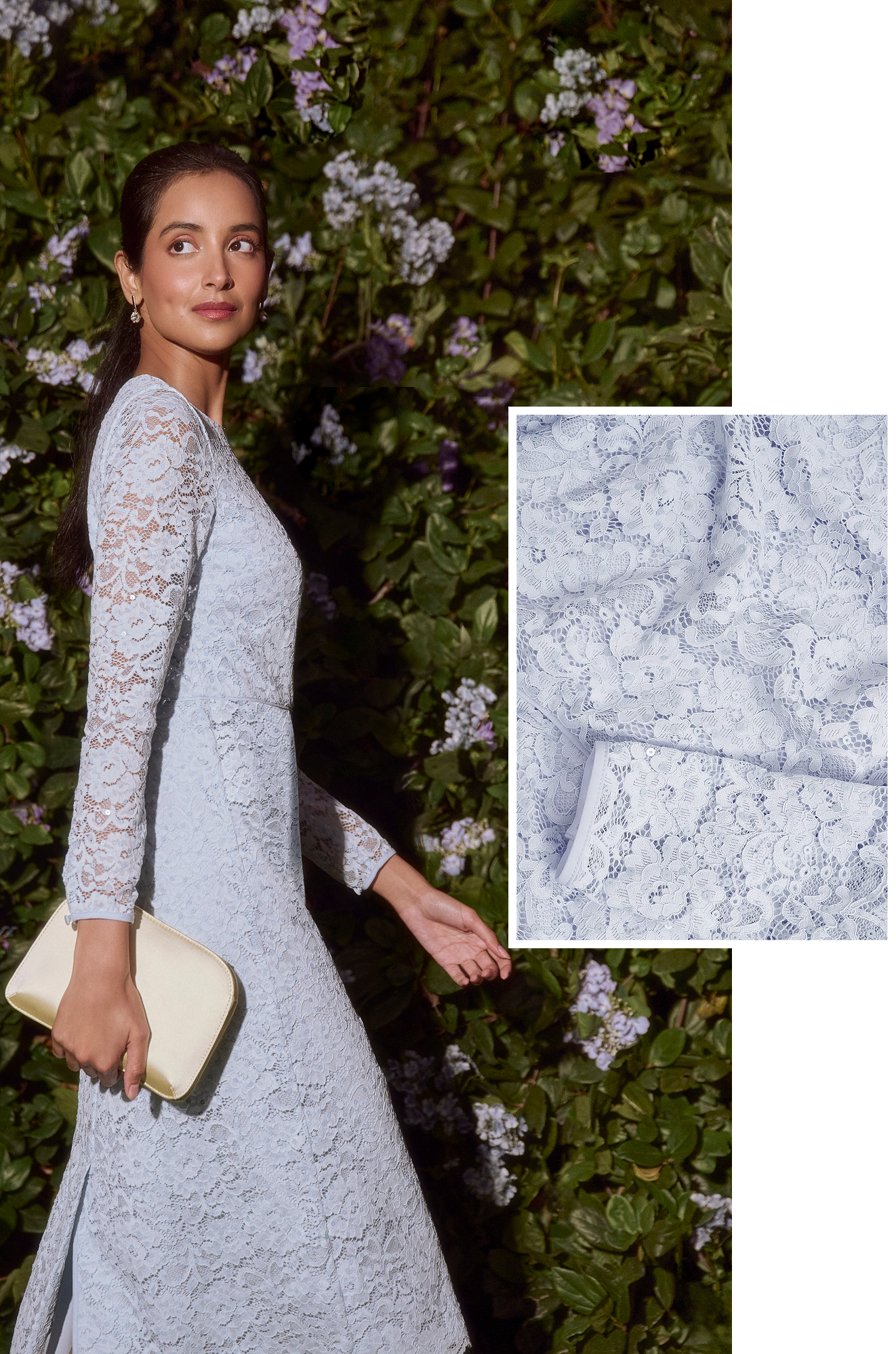 A collage of four images showcasing two occasion dresses and fabric close-ups designed by Hobbs.