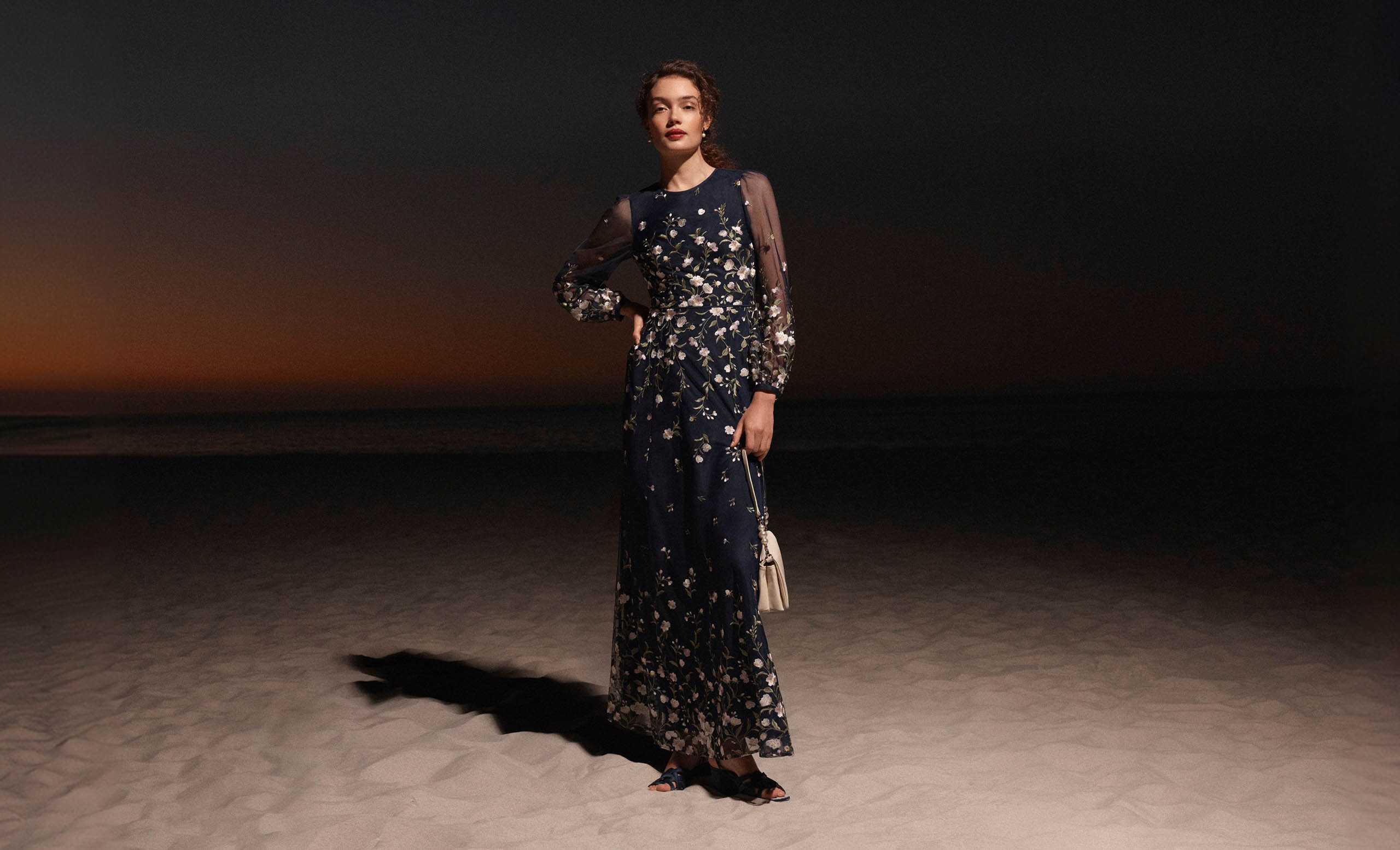 A woman wearing a Hobbs Black Tie embroidered dress.