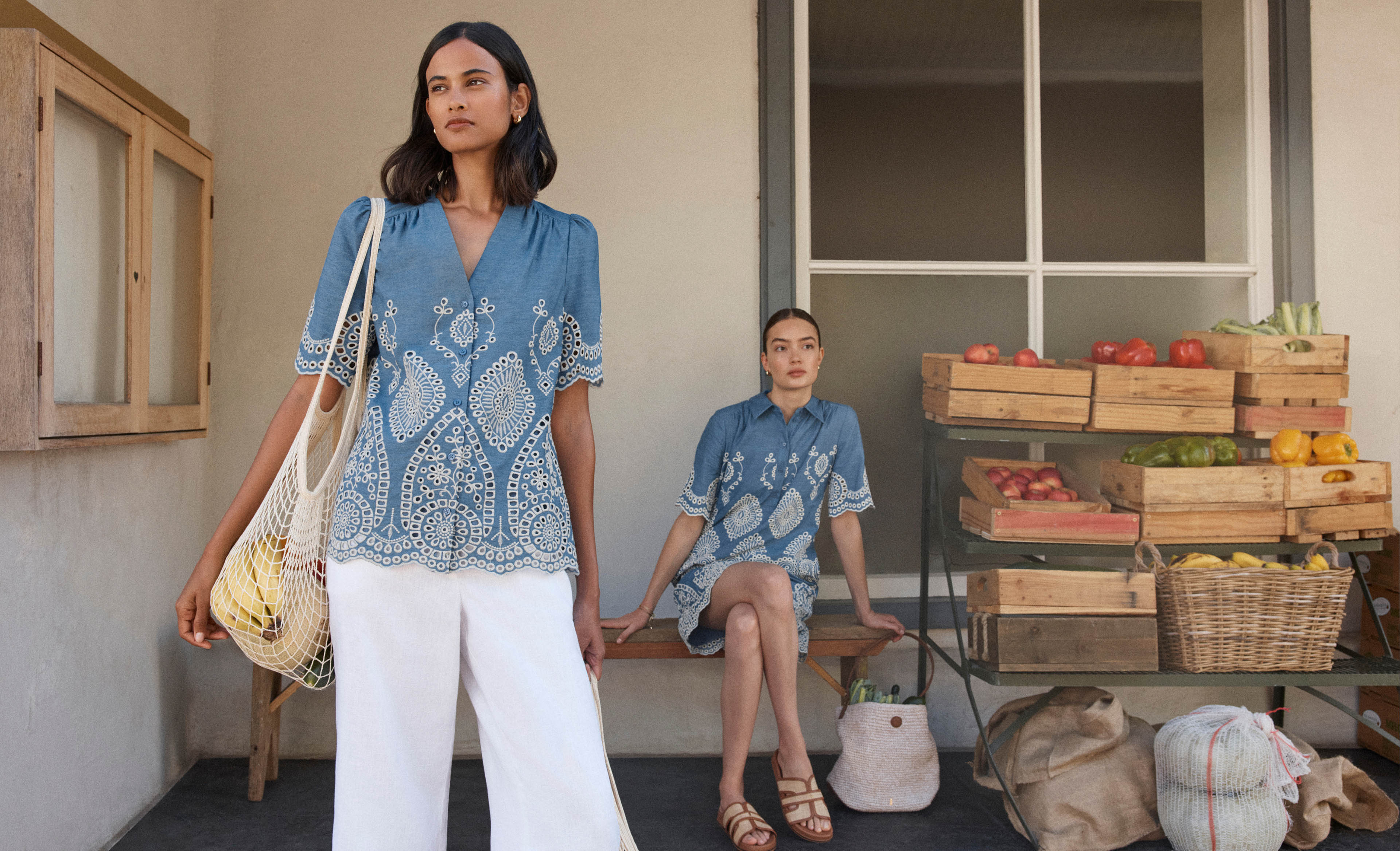 Women wearing Hobbs chambray.