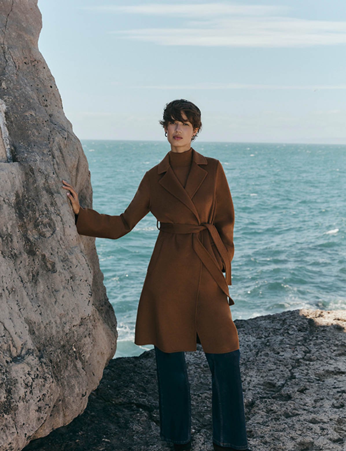 HOBBS MODEL WEARING WOOL CAMEL COAT