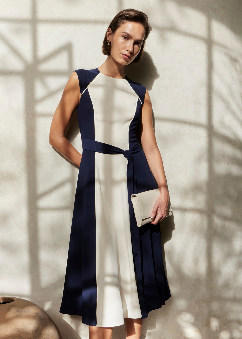 An image of a model wearing a Hobbs color block occasion dress.