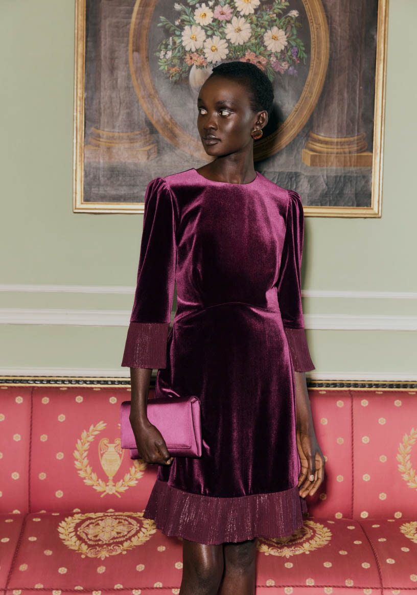 An image gallery of three images of models wearing occasion dresses to a Christmas party.