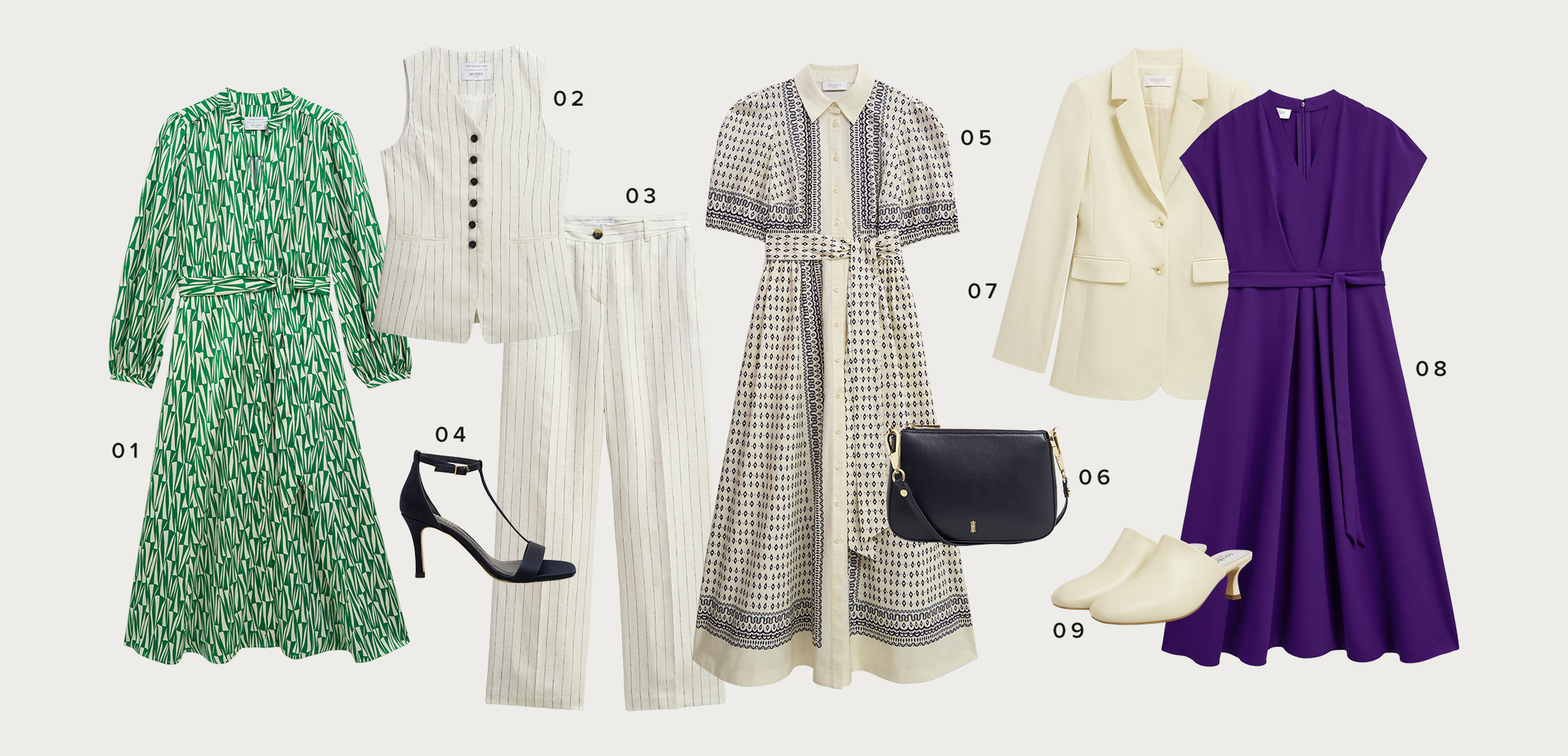  A selection of women’s clothing, curated for what to wear to the VIP section of Wimbledon.